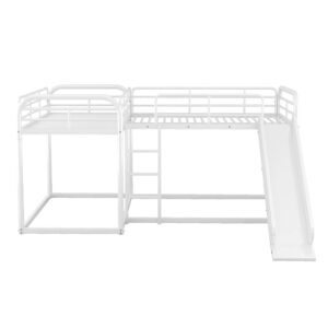 Merax L-Shaped Full Over Full and Twin Over Twin Metal Bunk Bed with Slide and Short Ladder, Full and Twin Size Bed Frame for Teens, 4 Beds in 1, White