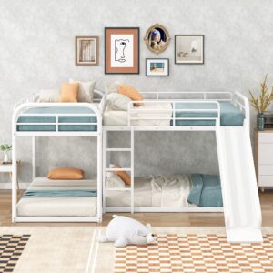 Merax L-Shaped Full Over Full and Twin Over Twin Metal Bunk Bed with Slide and Short Ladder, Full and Twin Size Bed Frame for Teens, 4 Beds in 1, White