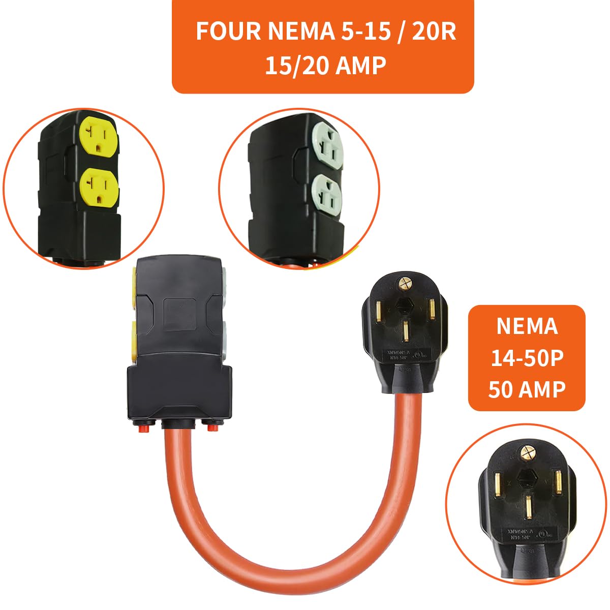 4-Prong Nema 220V 14-50p to 5-20R/15R Female Adapter Power Cord, Generator Cord with Surge Protector Breaker for 20V 15/20Amp Household Orange 1.5FT