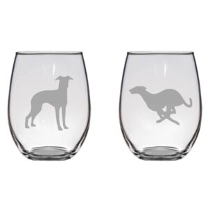 greyhound set etched stemless wine glasses - set of 2/4/6/8-20.5oz glassware (set of two (2))