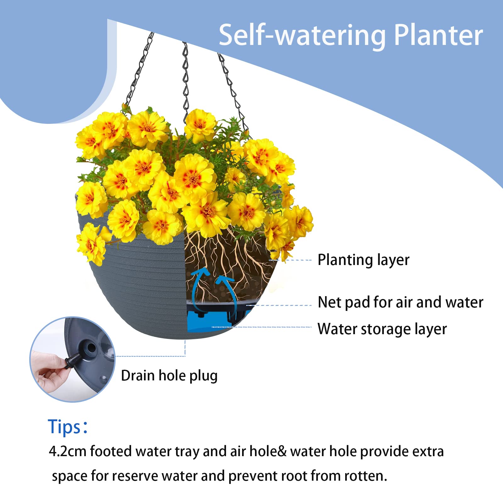 summer flower 2 Pack 9.9 Inch Self Watering Hanging, Deep Planters Hanging Pots for Indoor Outdoor Plants Hanging Baskets Hanging Plant Holder Plant Hanger for Flower Garden Porch Ceiling (Dark Gray)