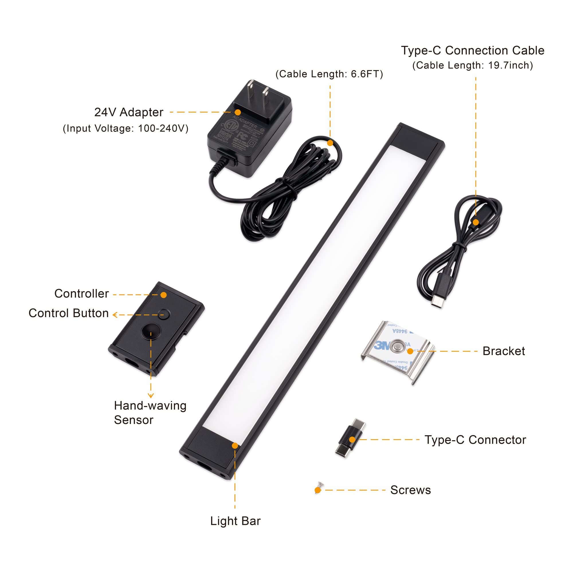 LIT-PaTH Under-Counter Light Fixtures with Hand Wave Sensor, Plug-in Cabinet Light Bar with 24V Adapter, 12W, 960lm, 3000/4000/5000K Selectable, Aluminum Housing, Black Finish