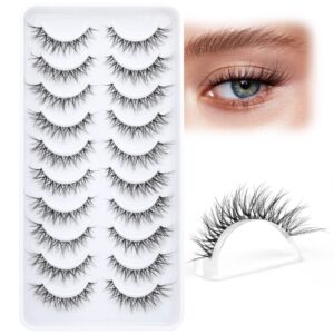 lashes natural look wispy eyelashes clear band lashes cluster short mink fluffy fox eye 15mm lash extensions cat eye false eyelashes pack, 10 pairs, not fall apart