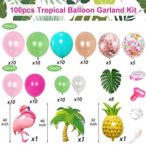 Tropical Balloons Arch Garland Kit Flamingo Pineapple Mylar Balloon Green Hot Pink Confetti Latex Balloons Palm Leaves for Hawaii Luau Aloha Flamingo Birthday Party Decorations Supplies