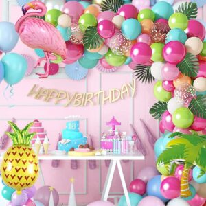 Tropical Balloons Arch Garland Kit Flamingo Pineapple Mylar Balloon Green Hot Pink Confetti Latex Balloons Palm Leaves for Hawaii Luau Aloha Flamingo Birthday Party Decorations Supplies