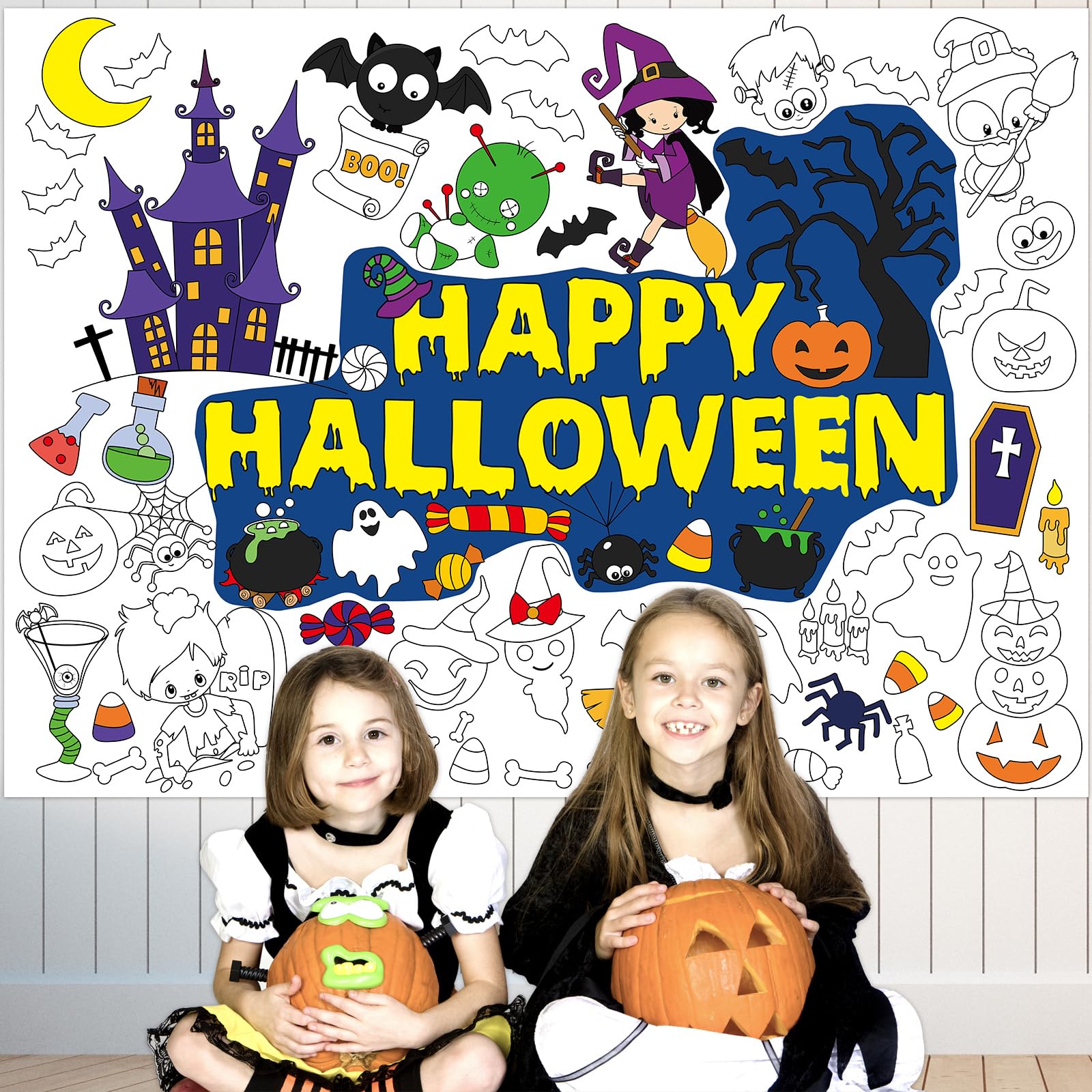 WorldBazaar 3PCS Halloween Coloring Posters Kids Halloween Coloring Tablecloth Banner Halloween Crafts for Kids Halloween Party Supplies