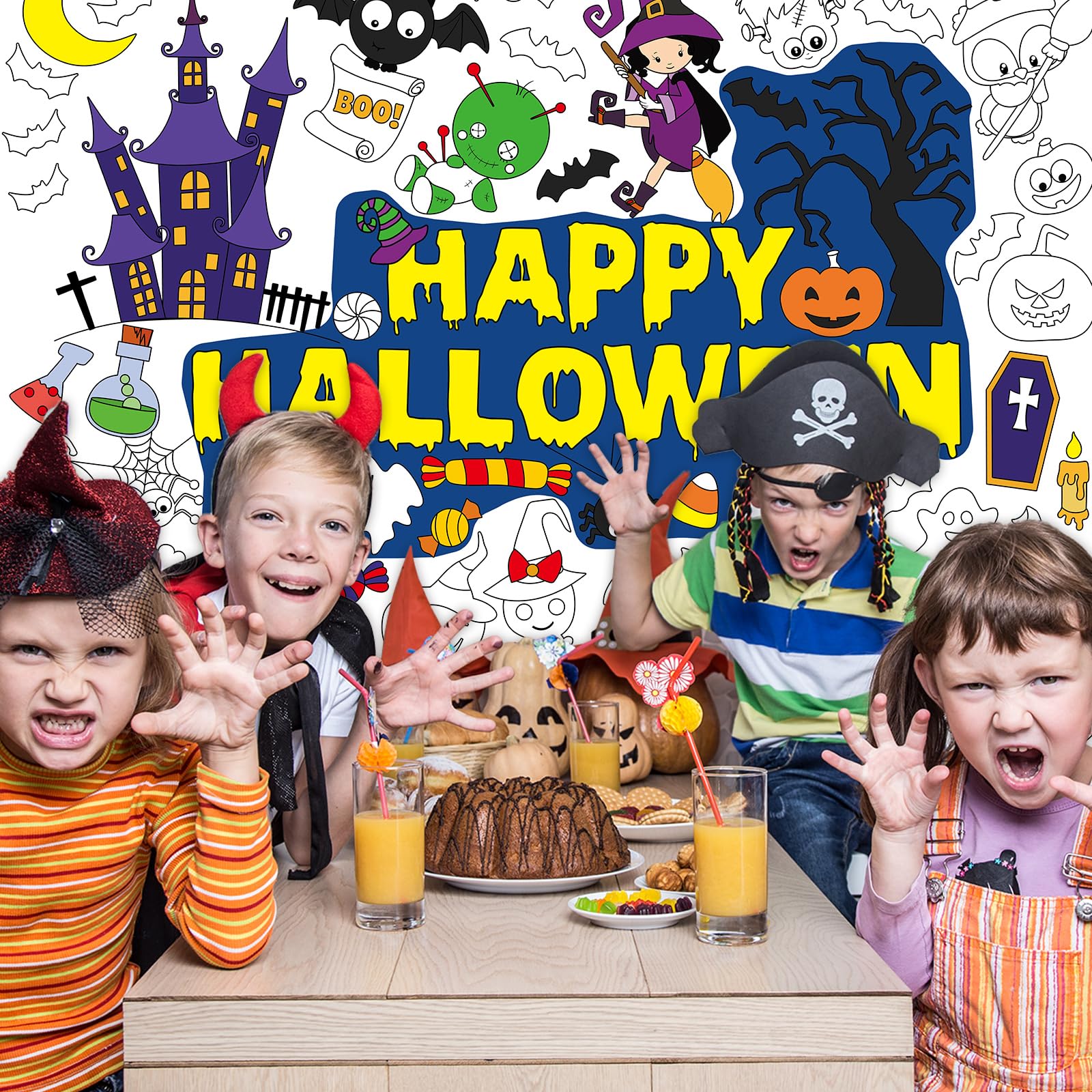 WorldBazaar 3PCS Halloween Coloring Posters Kids Halloween Coloring Tablecloth Banner Halloween Crafts for Kids Halloween Party Supplies