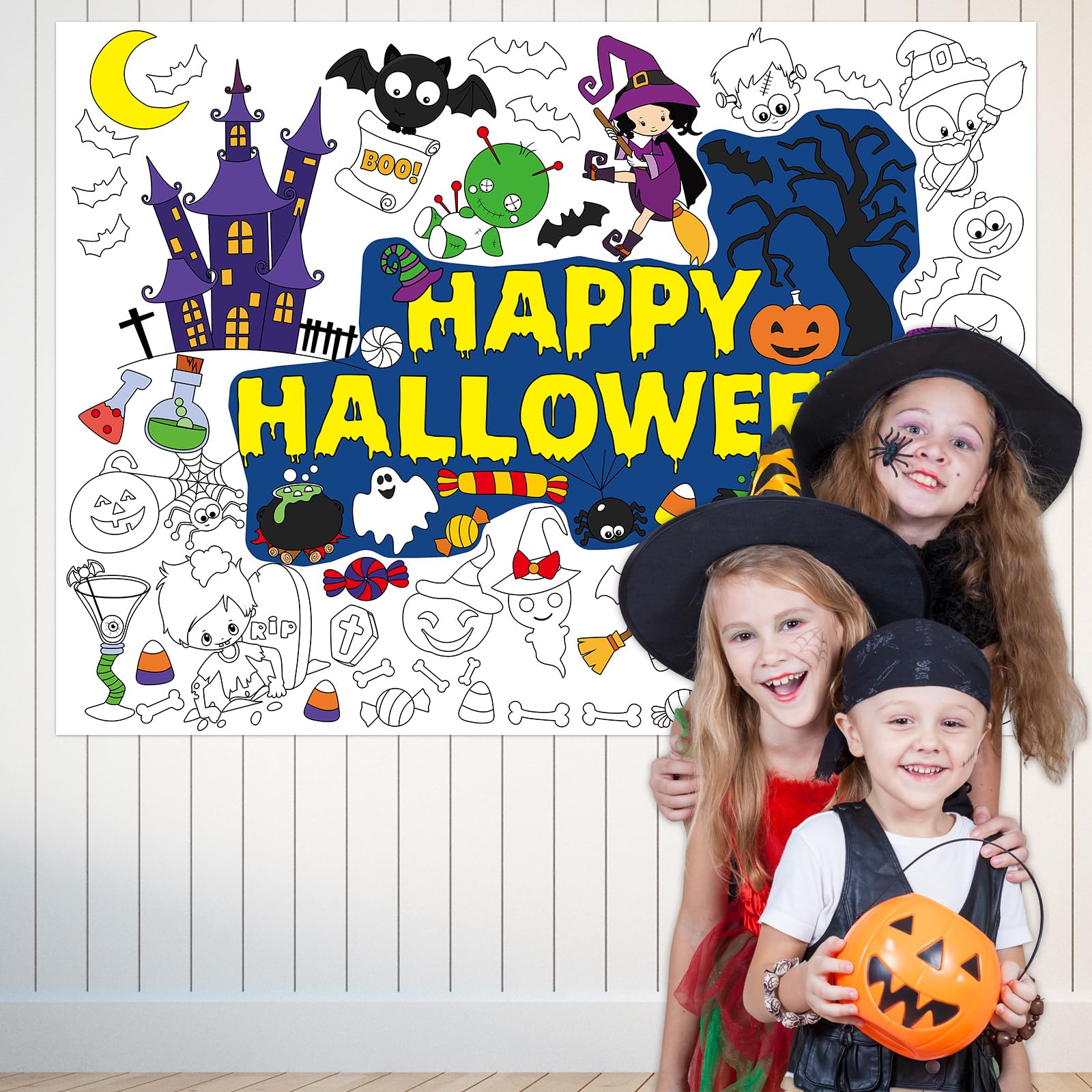 WorldBazaar 3PCS Halloween Coloring Posters Kids Halloween Coloring Tablecloth Banner Halloween Crafts for Kids Halloween Party Supplies