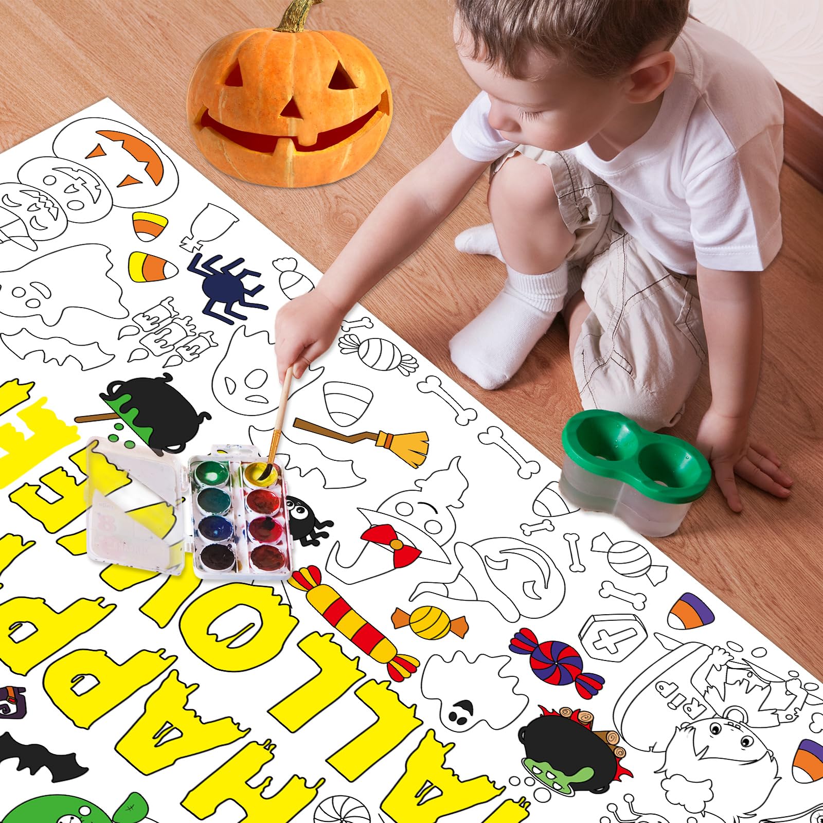 WorldBazaar 3PCS Halloween Coloring Posters Kids Halloween Coloring Tablecloth Banner Halloween Crafts for Kids Halloween Party Supplies