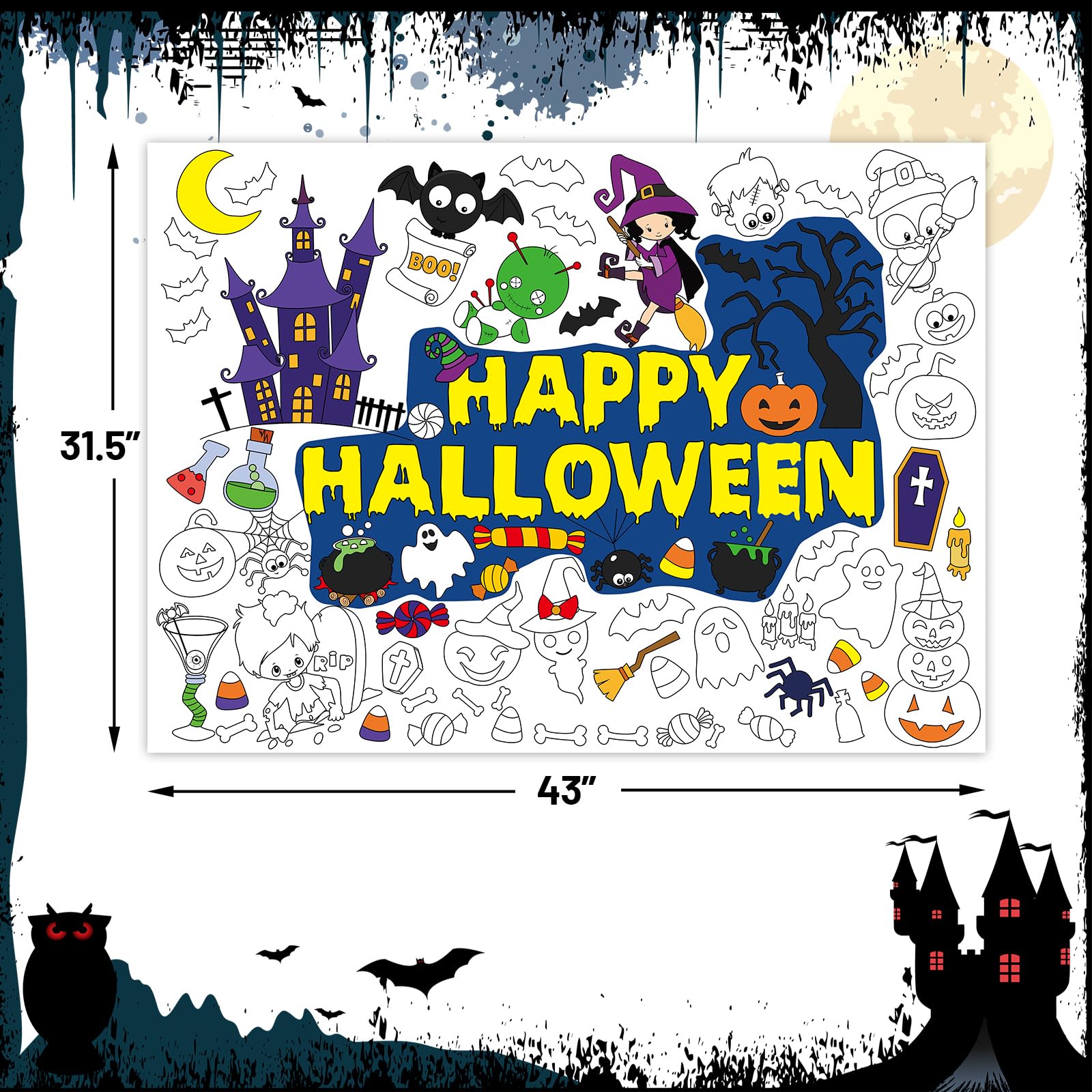 WorldBazaar 3PCS Halloween Coloring Posters Kids Halloween Coloring Tablecloth Banner Halloween Crafts for Kids Halloween Party Supplies