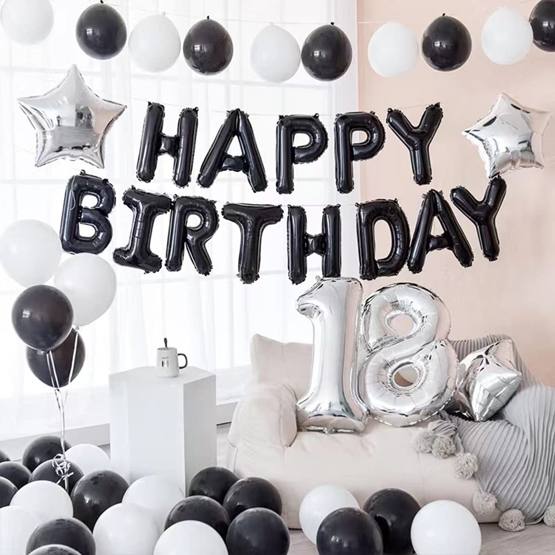 Black Happy Birthday Balloons Banner 3D Mylar Foil Letters Birthday Sign Banner for Girls Boys Kids and Adults Reusable Birthday Party Decorating Supplies