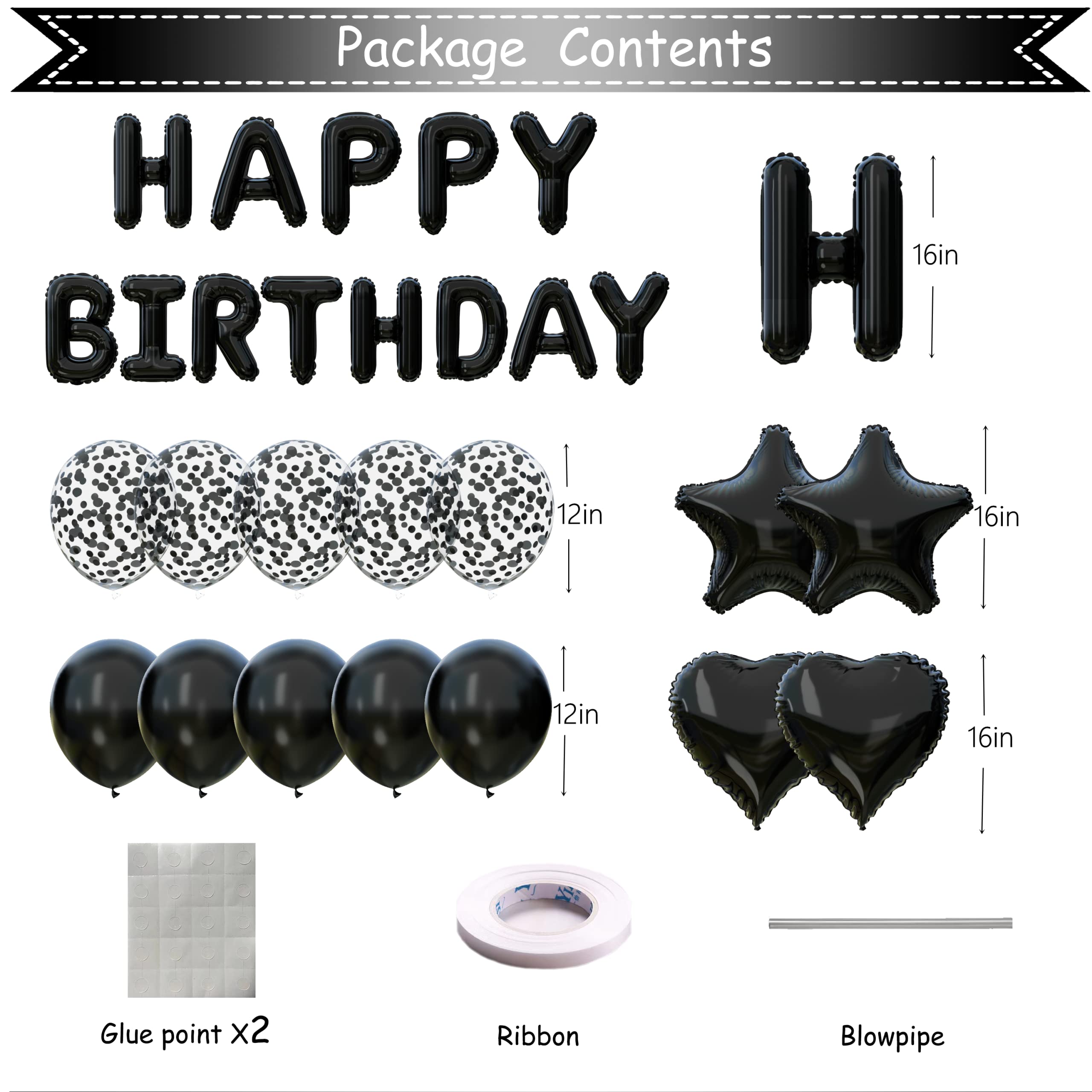 Black Happy Birthday Balloons Banner 3D Mylar Foil Letters Birthday Sign Banner for Girls Boys Kids and Adults Reusable Birthday Party Decorating Supplies