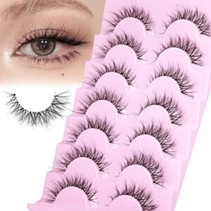 wispy lashes natural look false eyelashes clear band fluffy faux mink cat eye lashes pack 15mm 3d light fake lashs that look like extensions soft curly lash strips 7 pairs