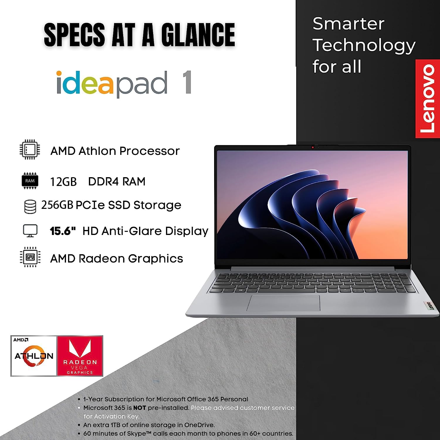 Lenovo IdeaPad Laptop, 15.6" HD Display, AMD Athlon Silver 3050U Processor, Windows 11 Home, 12GB RAM, 384GB SSD (128GB eMMC+256GB PCIe SSD), Webcam, HDMI, WiFi 6, USB Type-C, Long Battery Life, PCM