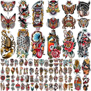 yazhiji 77sheets waterproof fake tattoo for men or women 17sheets larger half arm owl peony butterfly snake temporary tattoos for boy or girl and 60 sheets tiny flower tattoo sticker for kids