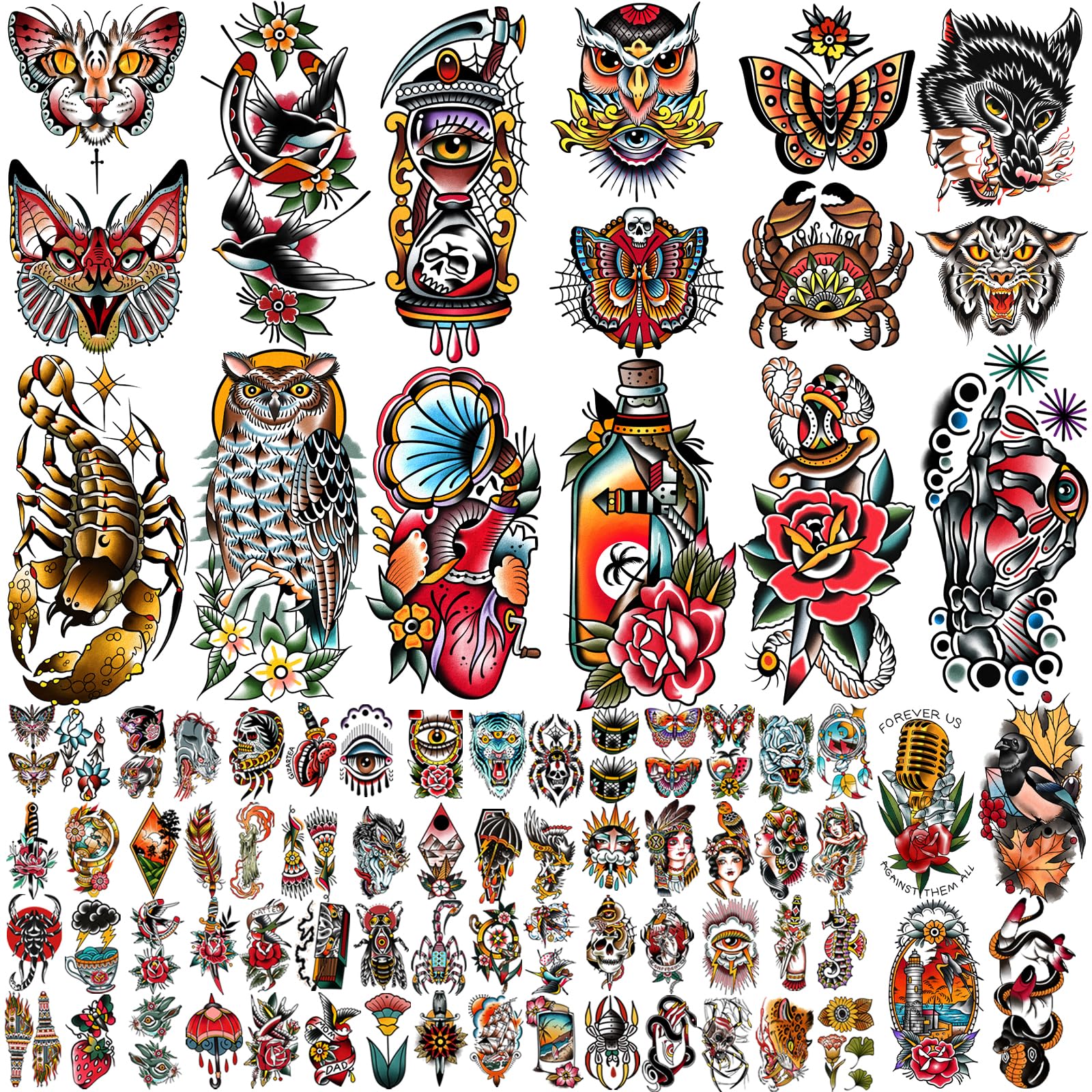 Yazhiji 77sheets Waterproof Fake Tattoo for Men or Women 17sheets Larger Half Arm Owl Peony Butterfly Snake Temporary Tattoos for Boy or Girl And 60 sheets Tiny Flower Tattoo Sticker for Kids