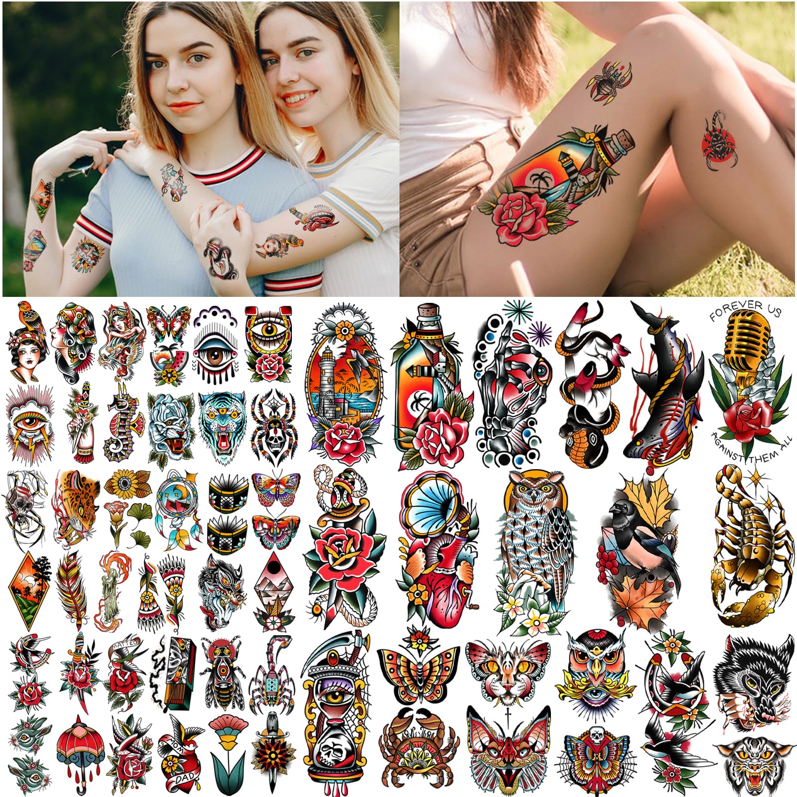 Yazhiji 77sheets Waterproof Fake Tattoo for Men or Women 17sheets Larger Half Arm Owl Peony Butterfly Snake Temporary Tattoos for Boy or Girl And 60 sheets Tiny Flower Tattoo Sticker for Kids