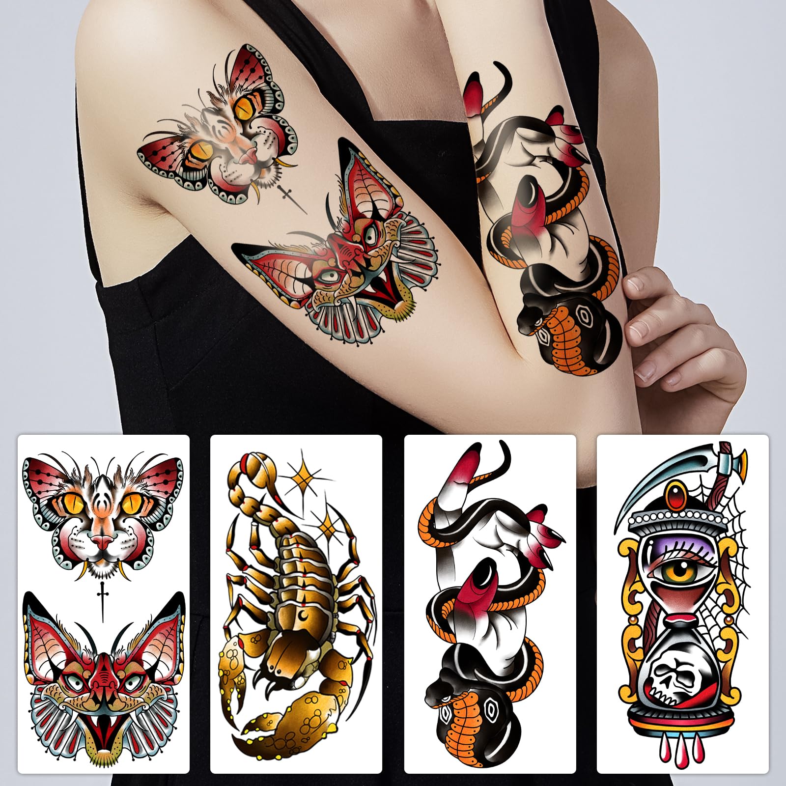 Yazhiji 77sheets Waterproof Fake Tattoo for Men or Women 17sheets Larger Half Arm Owl Peony Butterfly Snake Temporary Tattoos for Boy or Girl And 60 sheets Tiny Flower Tattoo Sticker for Kids