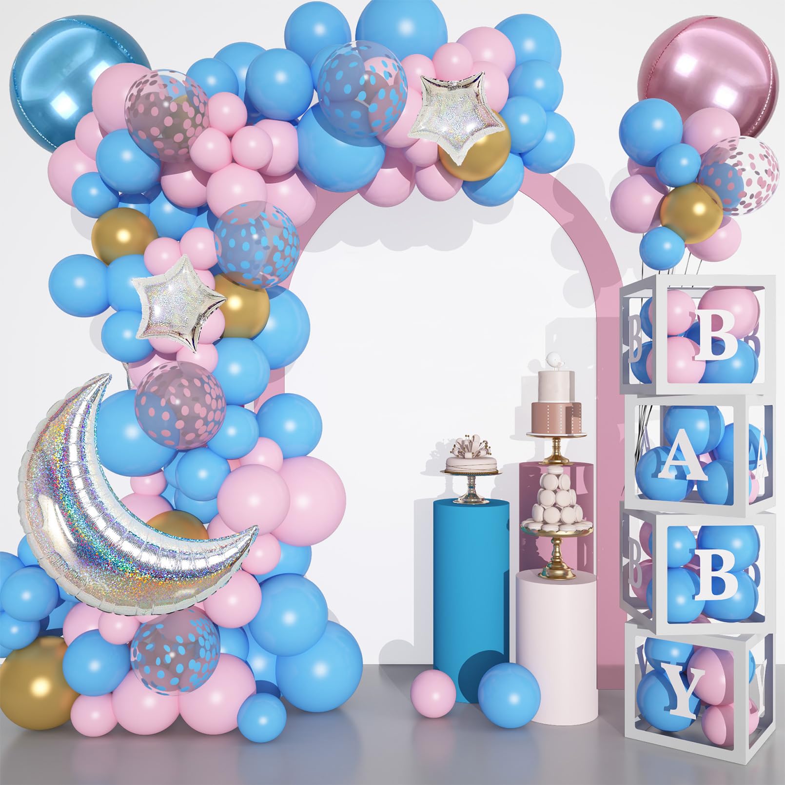 137Pcs Baby Boxes Gender Reveal Balloon Decorations Kit, Pink & Blue Balloon Arch with 4pcs Baby Boxes with Letters (A-Z+Baby) for Baby Shower Boy or Girl Gender Reveal Party Decor Birthday Supplies