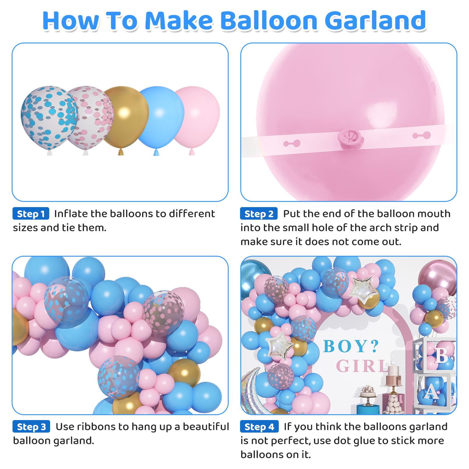 137Pcs Baby Boxes Gender Reveal Balloon Decorations Kit, Pink & Blue Balloon Arch with 4pcs Baby Boxes with Letters (A-Z+Baby) for Baby Shower Boy or Girl Gender Reveal Party Decor Birthday Supplies