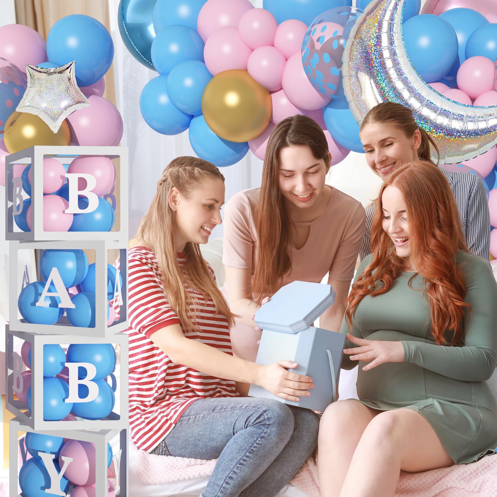 137Pcs Baby Boxes Gender Reveal Balloon Decorations Kit, Pink & Blue Balloon Arch with 4pcs Baby Boxes with Letters (A-Z+Baby) for Baby Shower Boy or Girl Gender Reveal Party Decor Birthday Supplies