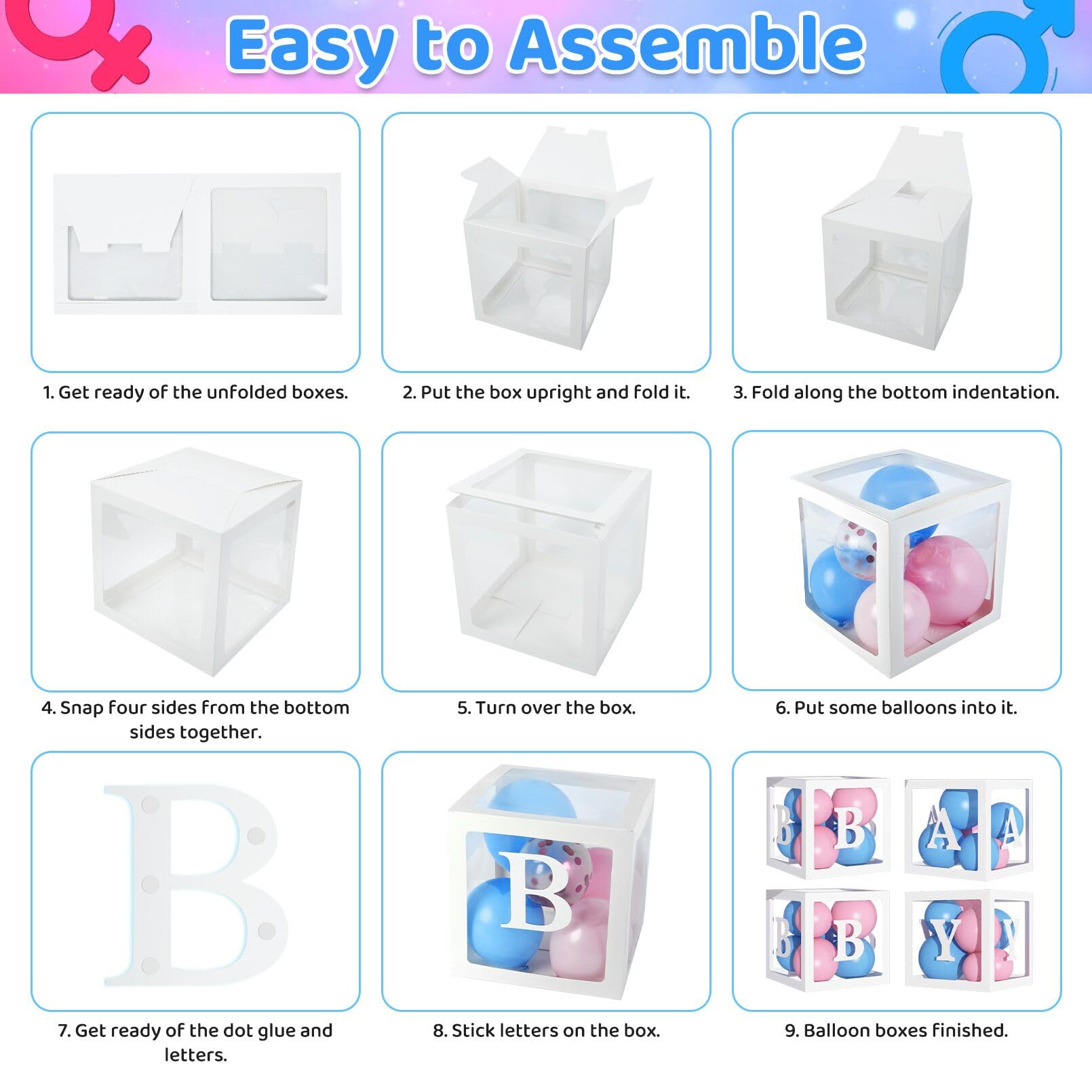 137Pcs Baby Boxes Gender Reveal Balloon Decorations Kit, Pink & Blue Balloon Arch with 4pcs Baby Boxes with Letters (A-Z+Baby) for Baby Shower Boy or Girl Gender Reveal Party Decor Birthday Supplies