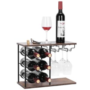 mooace countertop wine rack, hold 6 wine bottles and 4 glasses rack, freestanding wine rack for home, kitchen, bar table, wine cellar, cabinet