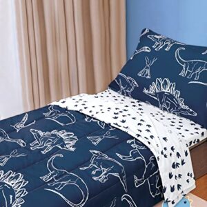 Jundetye 4 Pieces Dinosaur Toddler Bedding Set for Boys, Soft Breathable Toddler Comforter Set, Dino Print Navy, Includes Reversible Comforter, White Fitted Sheet and Flat Sheet, Pillowcase