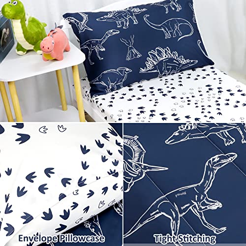 Jundetye 4 Pieces Dinosaur Toddler Bedding Set for Boys, Soft Breathable Toddler Comforter Set, Dino Print Navy, Includes Reversible Comforter, White Fitted Sheet and Flat Sheet, Pillowcase