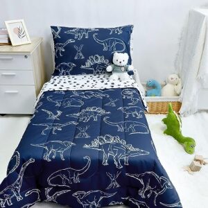 Jundetye 4 Pieces Dinosaur Toddler Bedding Set for Boys, Soft Breathable Toddler Comforter Set, Dino Print Navy, Includes Reversible Comforter, White Fitted Sheet and Flat Sheet, Pillowcase