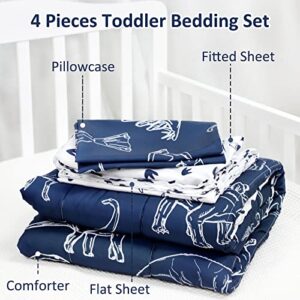 Jundetye 4 Pieces Dinosaur Toddler Bedding Set for Boys, Soft Breathable Toddler Comforter Set, Dino Print Navy, Includes Reversible Comforter, White Fitted Sheet and Flat Sheet, Pillowcase