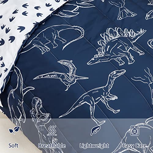 Jundetye 4 Pieces Dinosaur Toddler Bedding Set for Boys, Soft Breathable Toddler Comforter Set, Dino Print Navy, Includes Reversible Comforter, White Fitted Sheet and Flat Sheet, Pillowcase