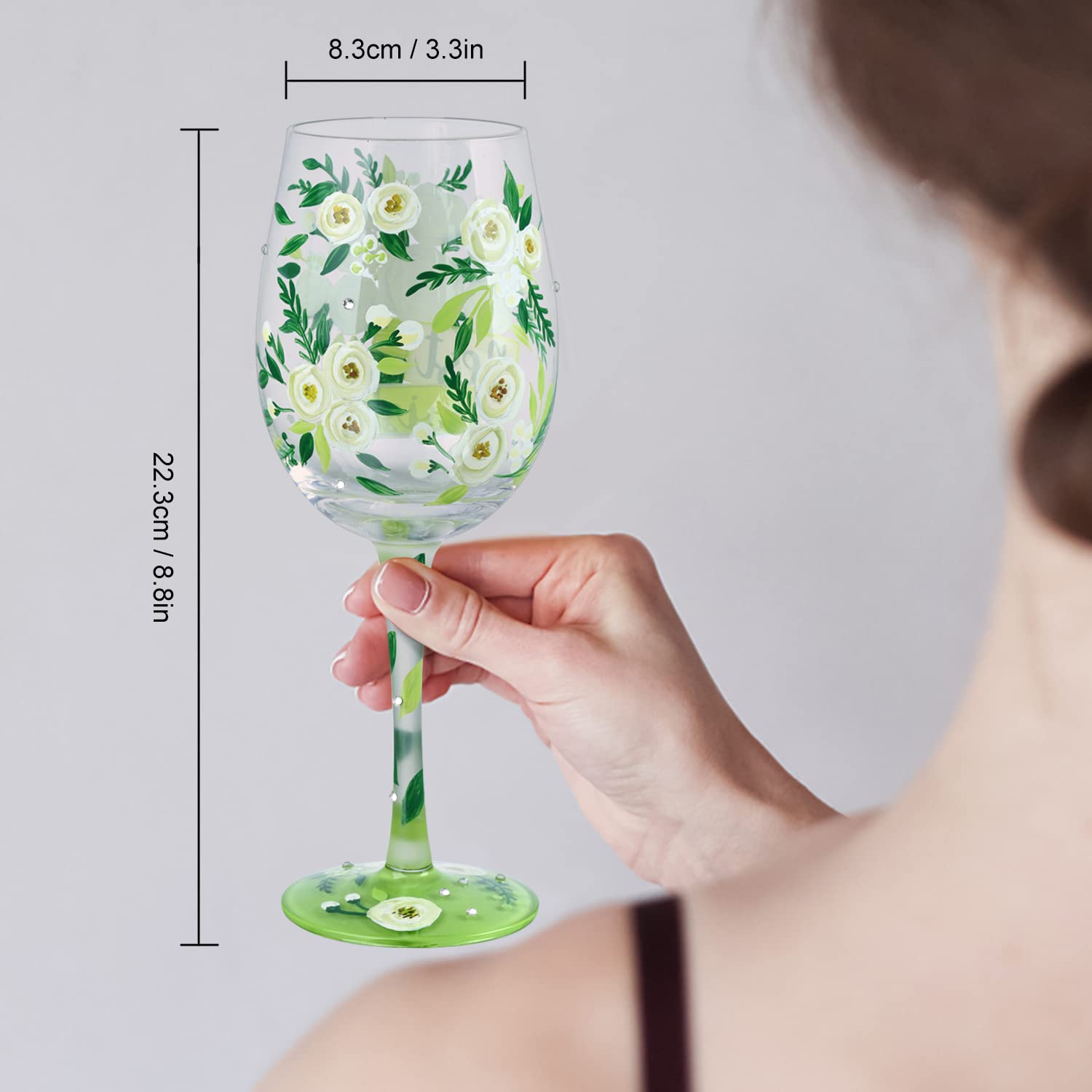 NymphFable Hand Painted Wine Glasses 15oz Rose Flower Wine Glass,Green Wine Glass Birthday Wedding Engagement Gifts for Women