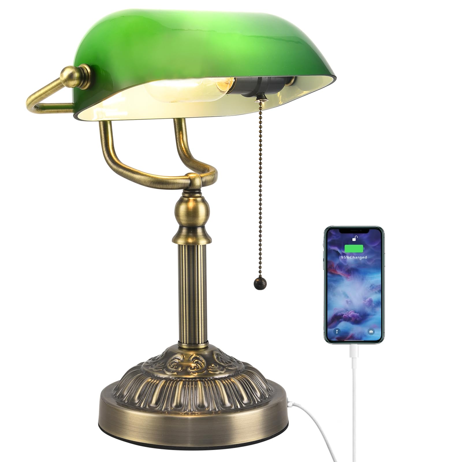 Rizzyluz Green Glass Bankers Desk Lamp, Vintage Desk Lamp with USB ...