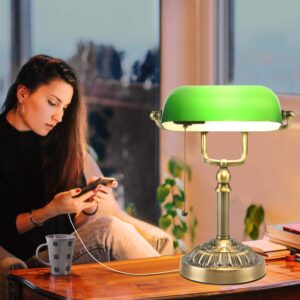 Rizzyluz Green Glass Bankers Desk Lamp, Vintage Desk Lamp with USB Charging Port, Traditional Farmhouse Table Lamp, Mid Century Desk Lamp Pull Chain for Home Office Library