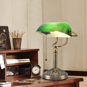 Rizzyluz Green Glass Bankers Desk Lamp, Vintage Desk Lamp with USB Charging Port, Traditional Farmhouse Table Lamp, Mid Century Desk Lamp Pull Chain for Home Office Library