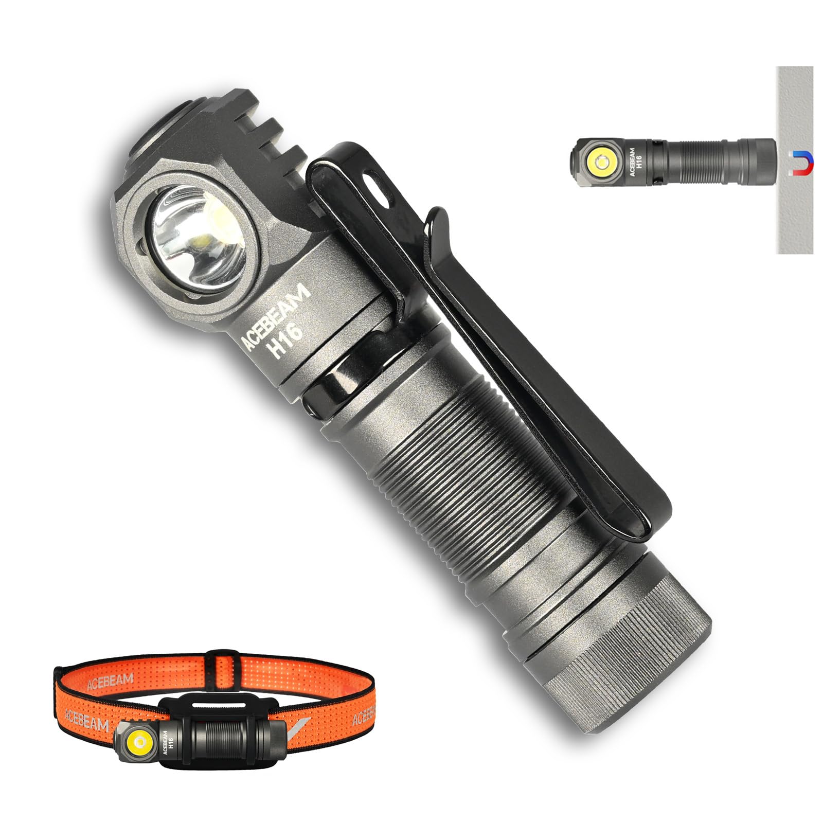 ACEBEAM H16 1000 High Lumens Rechargeable Led Headlamp, EDC AA Right Angle Flashlight, Pocket Mini Small Flashlight with Clip for Camping, Running, with Headband kit(Cool White 6500K)