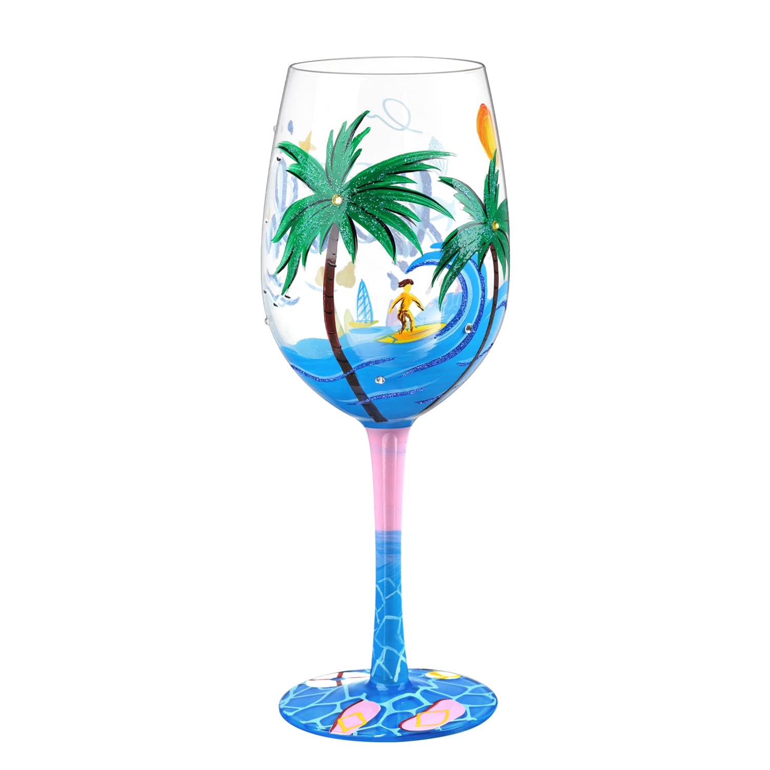 NymphFable Beach Wine Glasses 15oz Hand Painted Colorful Wine Glasses, Blue Sea Beach Themed Gift for Women Men