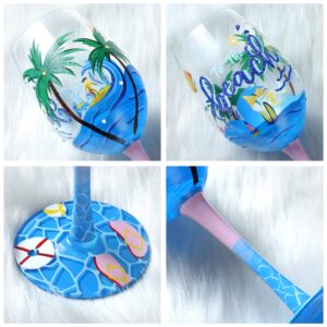 NymphFable Beach Wine Glasses 15oz Hand Painted Colorful Wine Glasses, Blue Sea Beach Themed Gift for Women Men