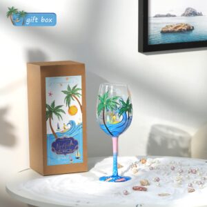 NymphFable Beach Wine Glasses 15oz Hand Painted Colorful Wine Glasses, Blue Sea Beach Themed Gift for Women Men