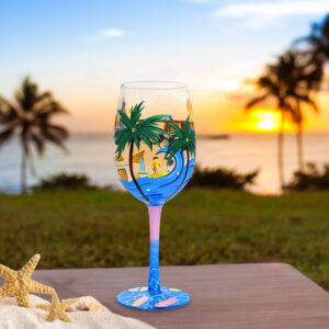 NymphFable Beach Wine Glasses 15oz Hand Painted Colorful Wine Glasses, Blue Sea Beach Themed Gift for Women Men