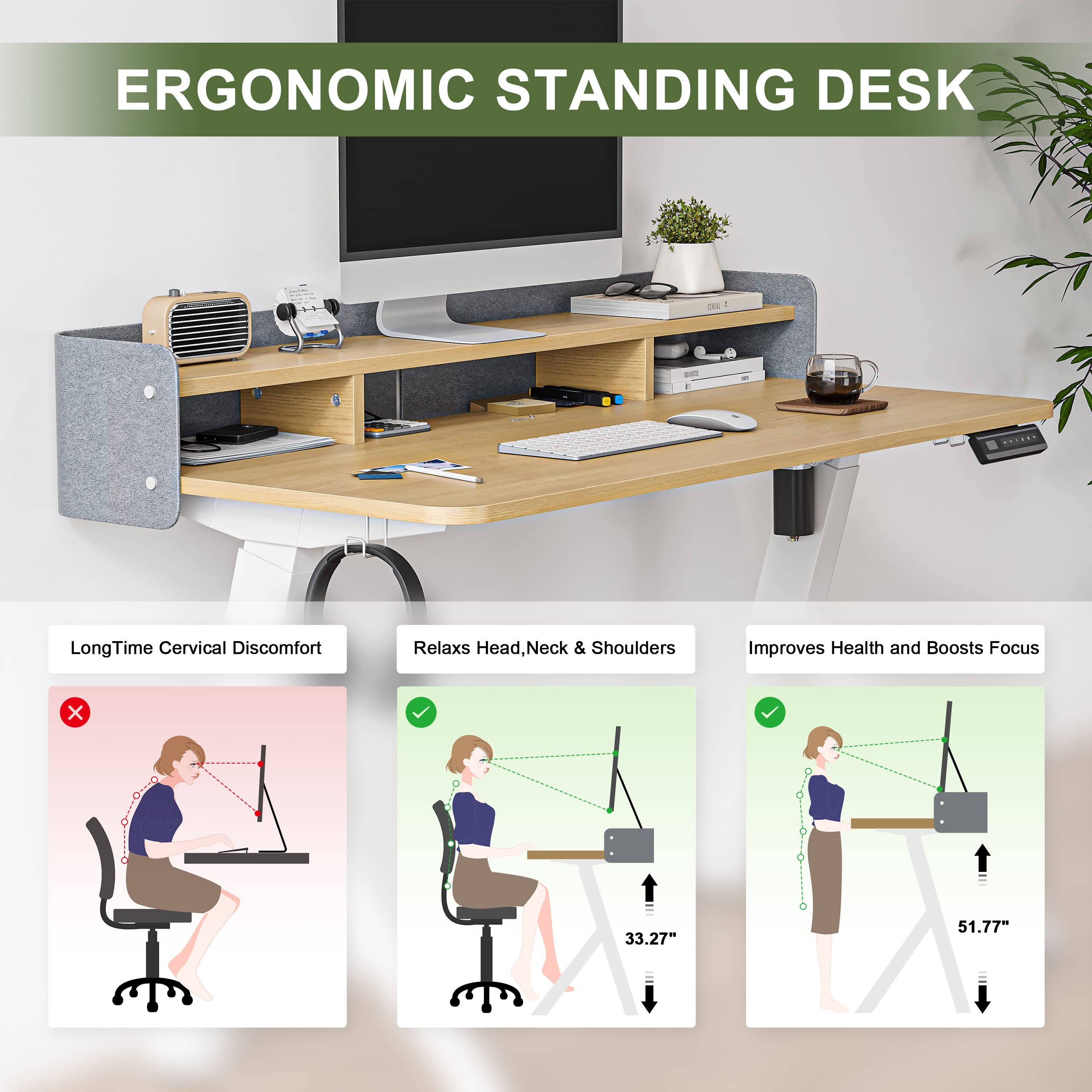 SOMEET Electric Height Adjustable Standing Desk, 48''x24'' Stand Up Desk with Double Drawers, R Shape Sit Stand Rising Desk with Monitor Stand, Home Office Ergonomic Computer Workstation, Light Rustic