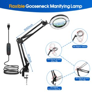 64 LED USB 10X Magnifying Desk Lamp with Clamp, Desk Hands-Free Lighted Magnifier with 3 Color Modes, 10 Level Dimmable and Flexible Gooseneck for Reading Craft Sewing Repair Close Work Beauty