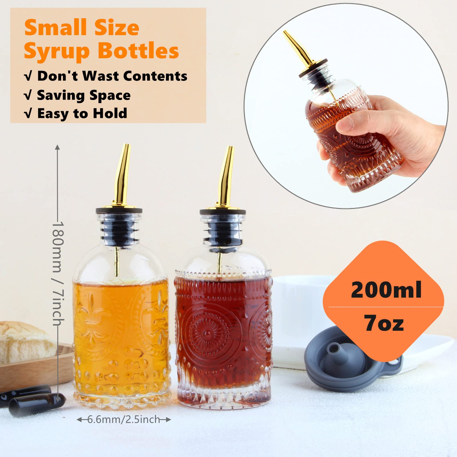 Shining Craft Coffee Syrup Dispenser Bottles Set 2 Pack 7 OZ Simple Small Syrup Bottles Set with Metal Pour Spout Ideal for Coffee Syrups, Condiments, Coffee bar, SC056 (2 pack)