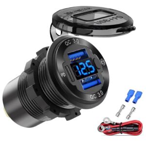12v usb outlet wire aluminum car charger multi port, dual usb quick charge 3.0 port and pd usb c socket with voltmeter switch for car boat marine truck rv, fast charge for iphone ipad android phones