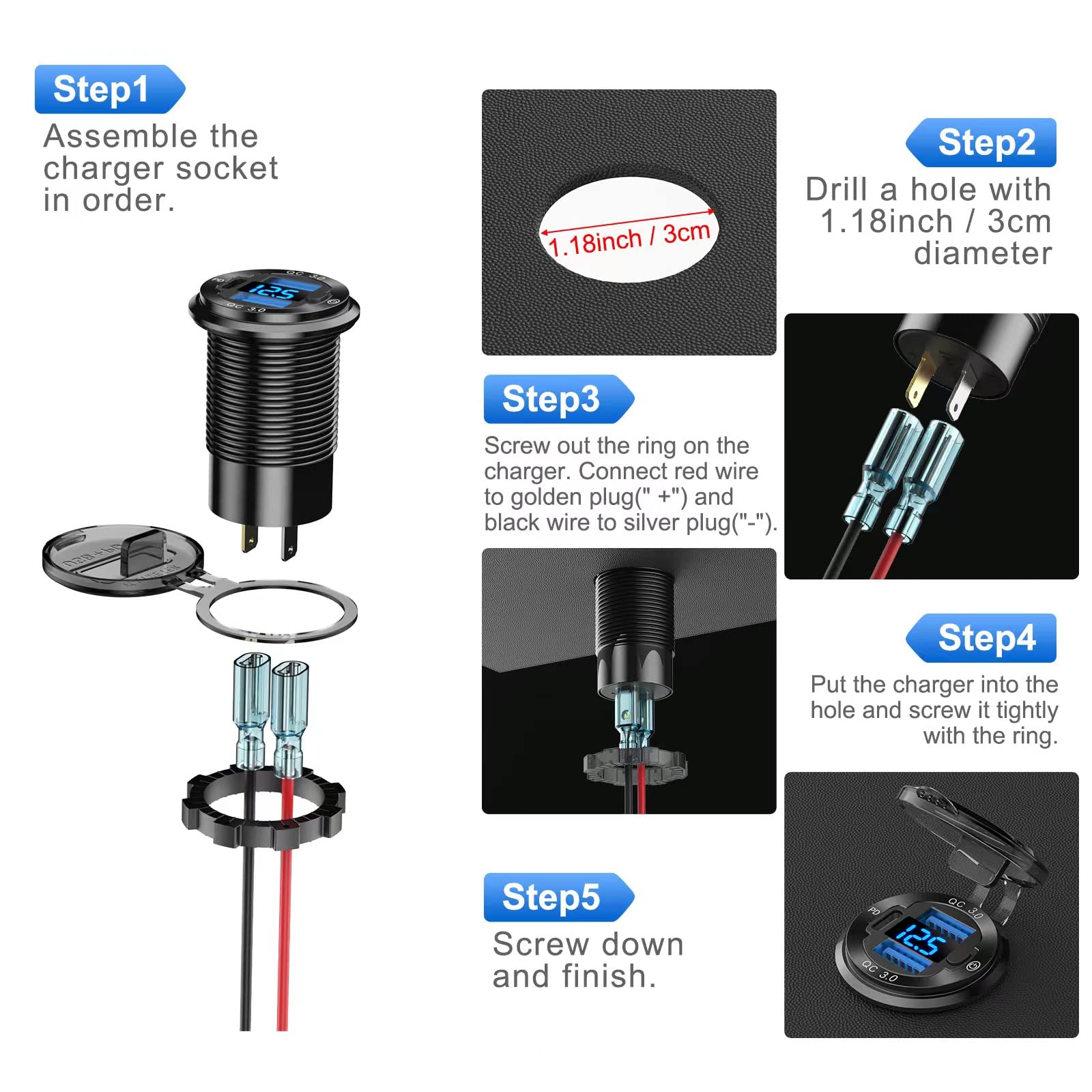 12V USB Outlet Wire Aluminum Car Charger Multi Port, Dual USB Quick Charge 3.0 Port and PD USB C Socket with Voltmeter Switch for Car Boat Marine Truck RV, Fast Charge for iPhone iPad Android Phones