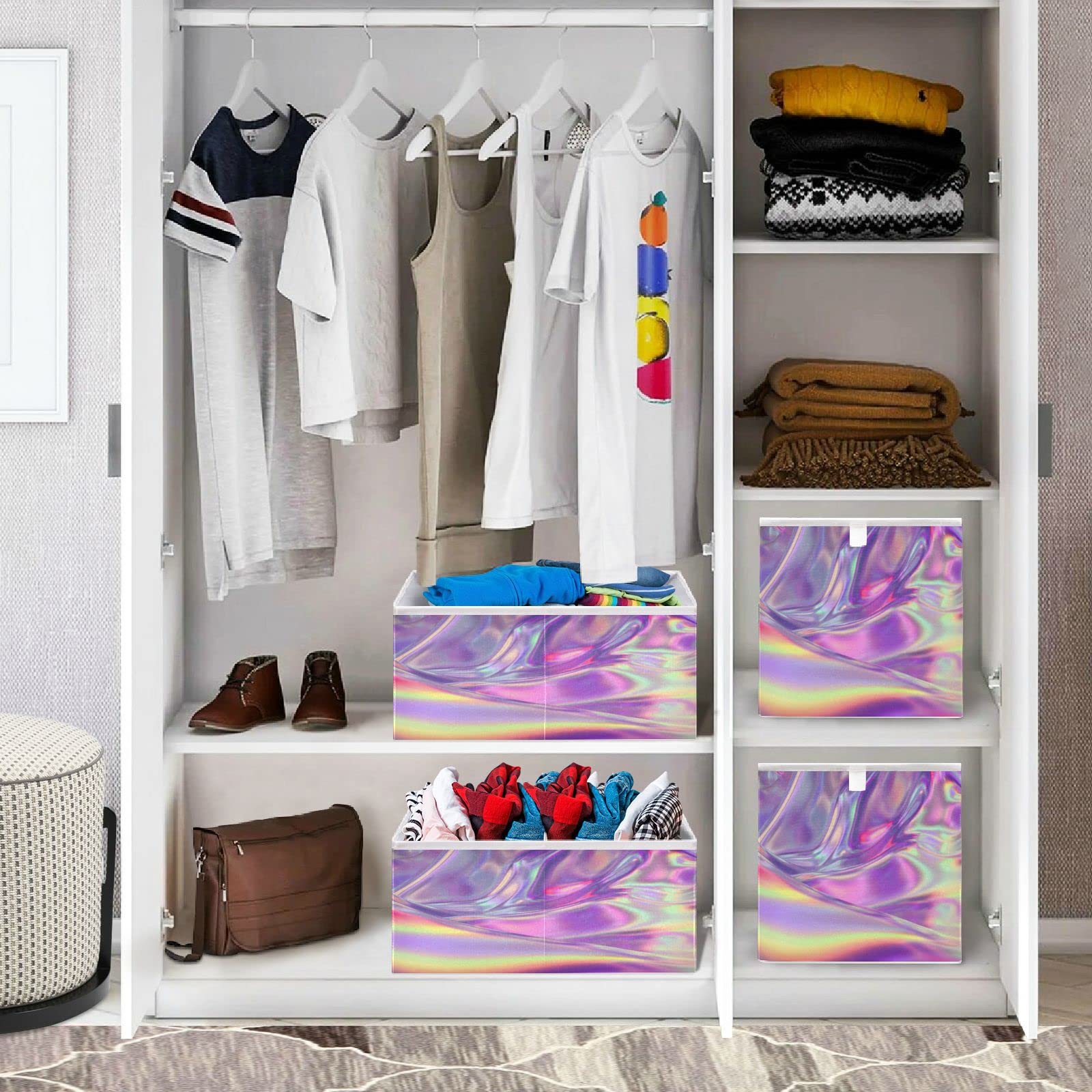 Kigai Iridescent Bow Storage Box, Foldable Storage Bins, Decorative Closet Organizer Storage Boxes for Home