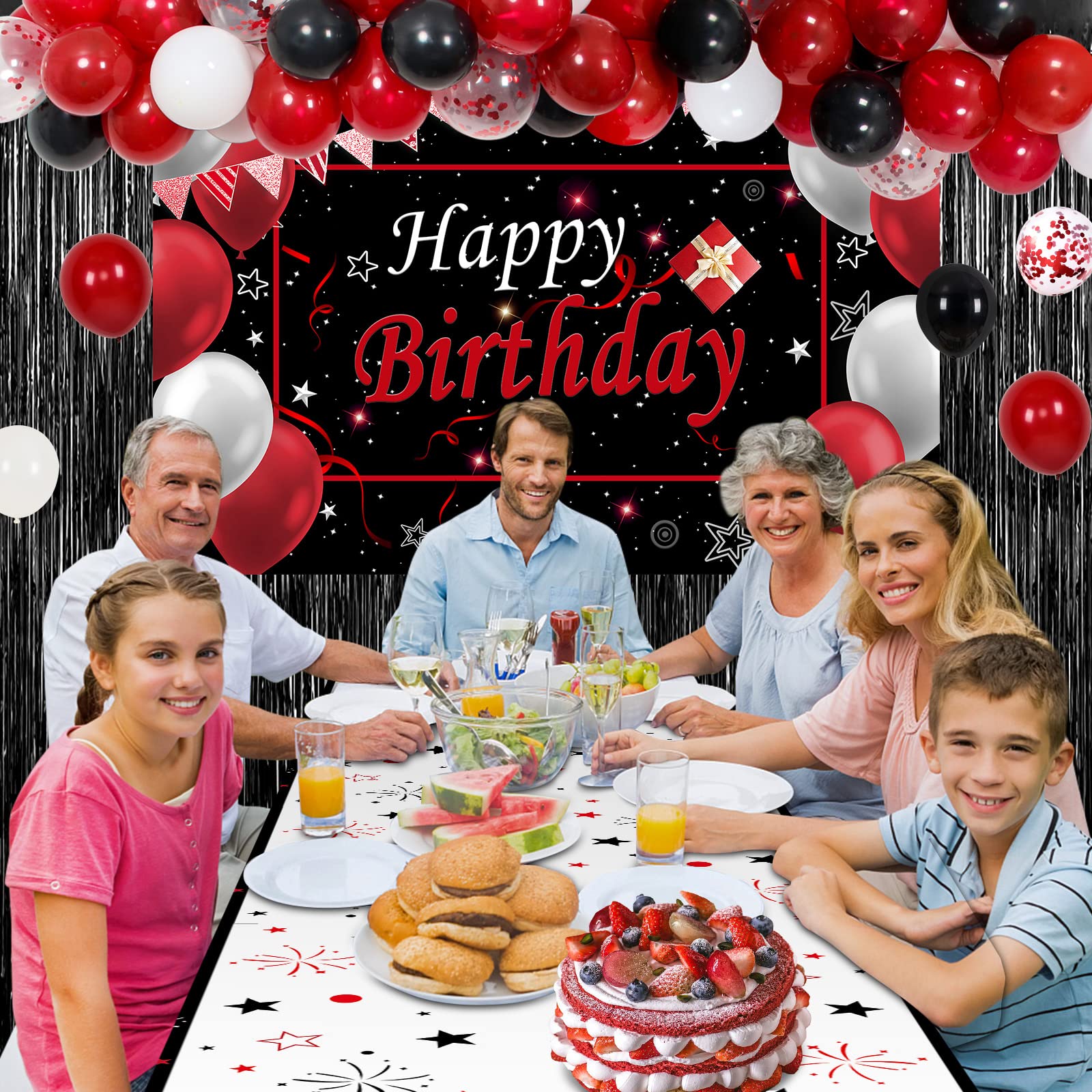 Red and Black Birthday Decorations for Men Women, Happy Birthday Decorations fo Boys Girls Party Decoration Backdrop & Tablecloth Balloons Arch Kit Confetti Balloons Foil Fringe Curtains Table Cover