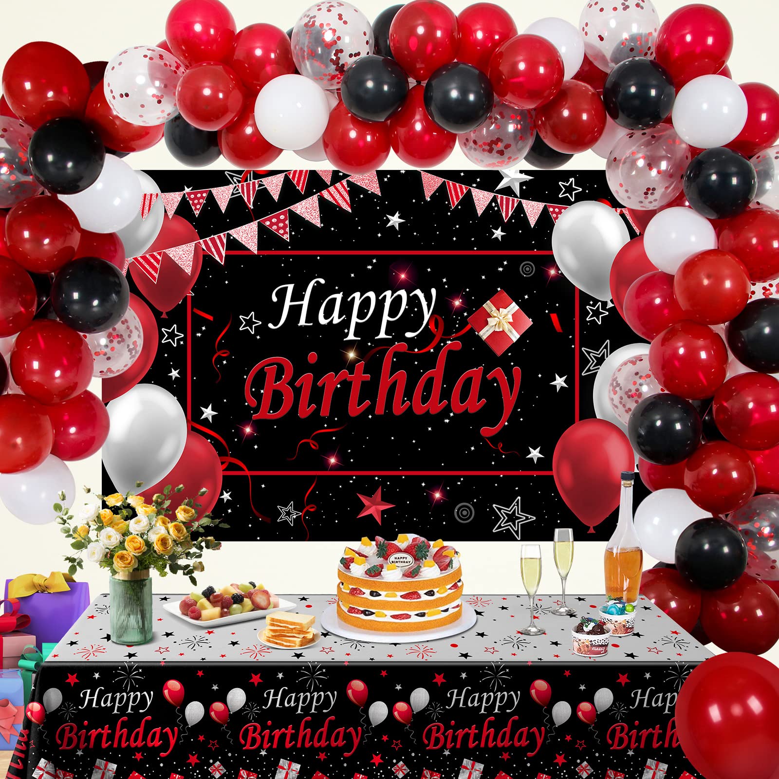 Red and Black Birthday Decorations for Men Women, Happy Birthday Decorations fo Boys Girls Party Decoration Backdrop & Tablecloth Balloons Arch Kit Confetti Balloons Foil Fringe Curtains Table Cover