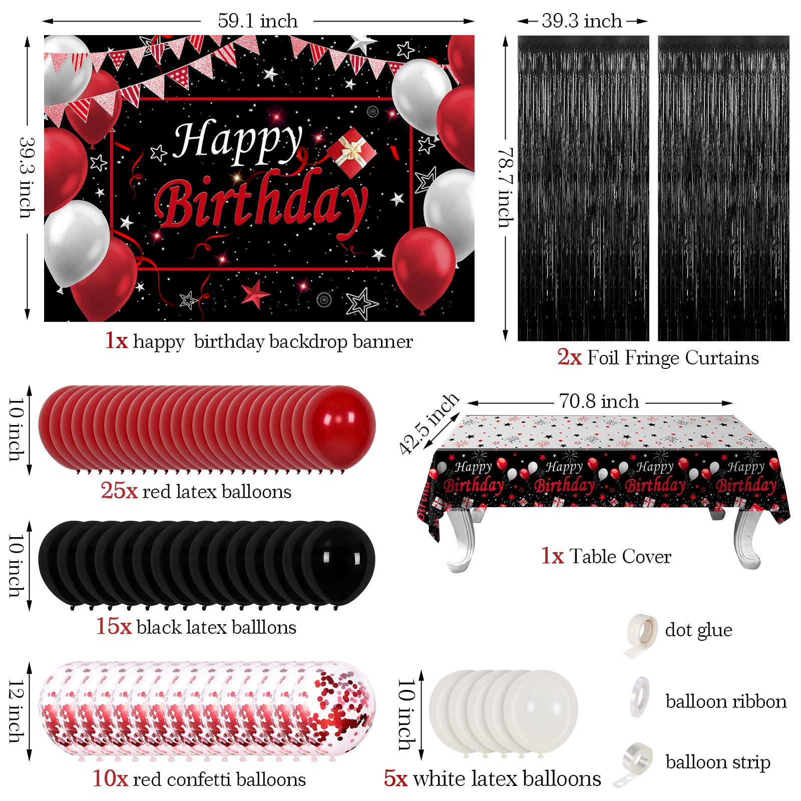 Red and Black Birthday Decorations for Men Women, Happy Birthday Decorations fo Boys Girls Party Decoration Backdrop & Tablecloth Balloons Arch Kit Confetti Balloons Foil Fringe Curtains Table Cover